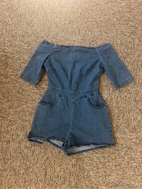 Boohoo Blue Denim Off the Shoulder Jean Romper Size 6